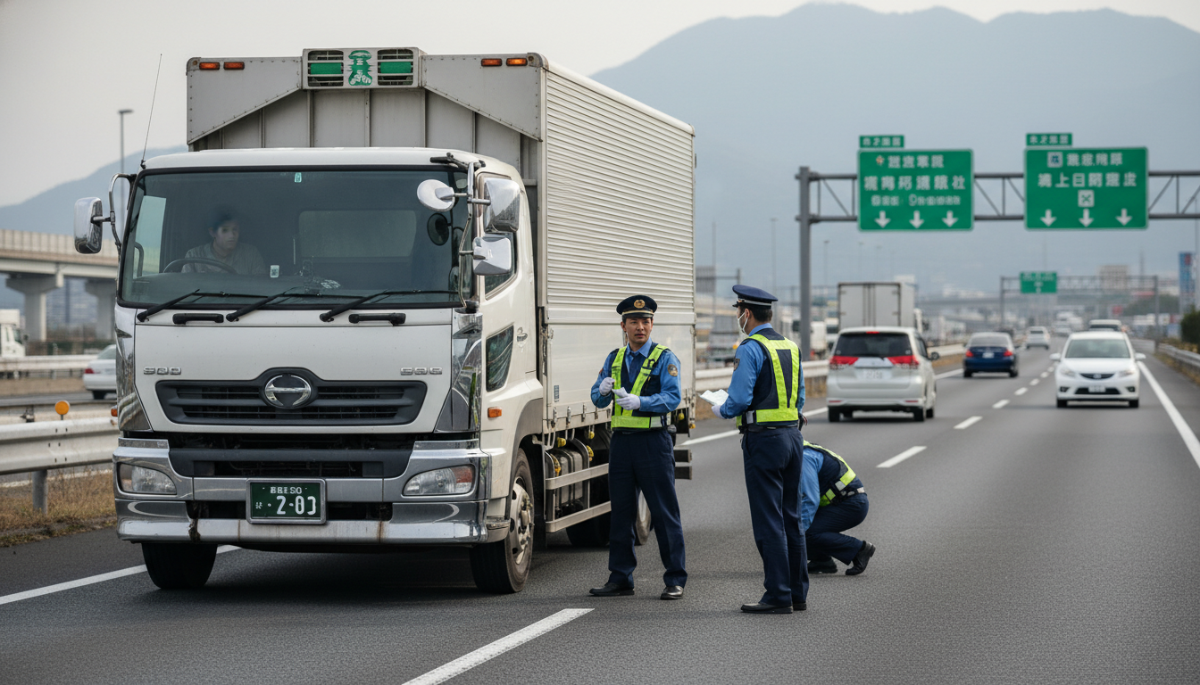 特殊車両通行許可違反の取締りを受ける大型トラック