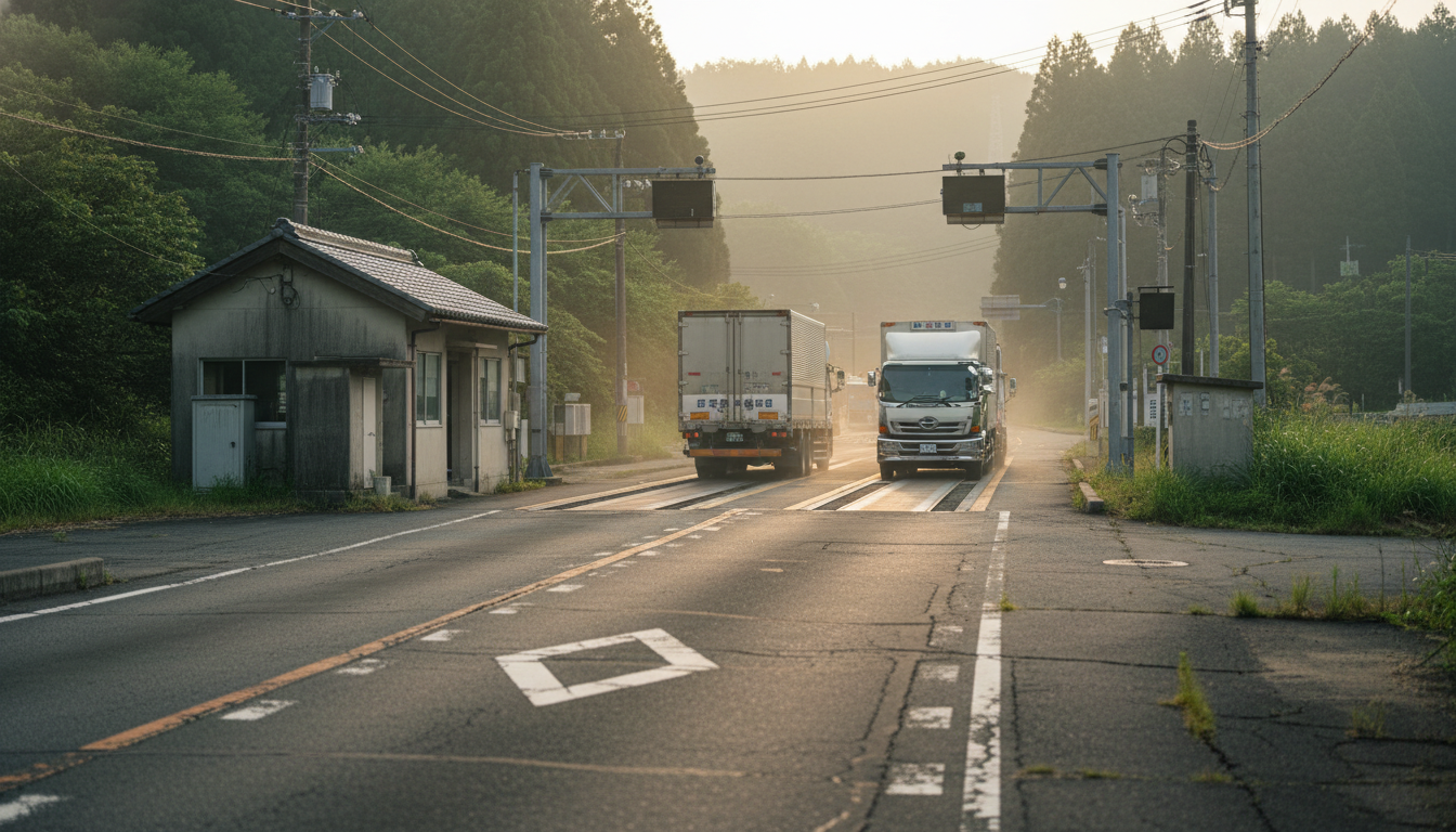 国道上の車両重量計測装置と通行する大型車両