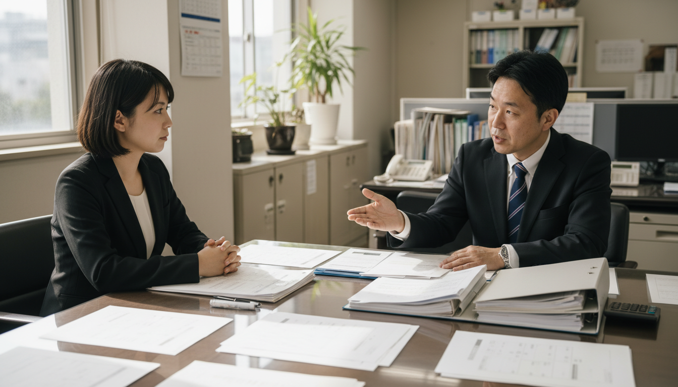 特殊車両通行許可申請書類と行政書士の相談風景