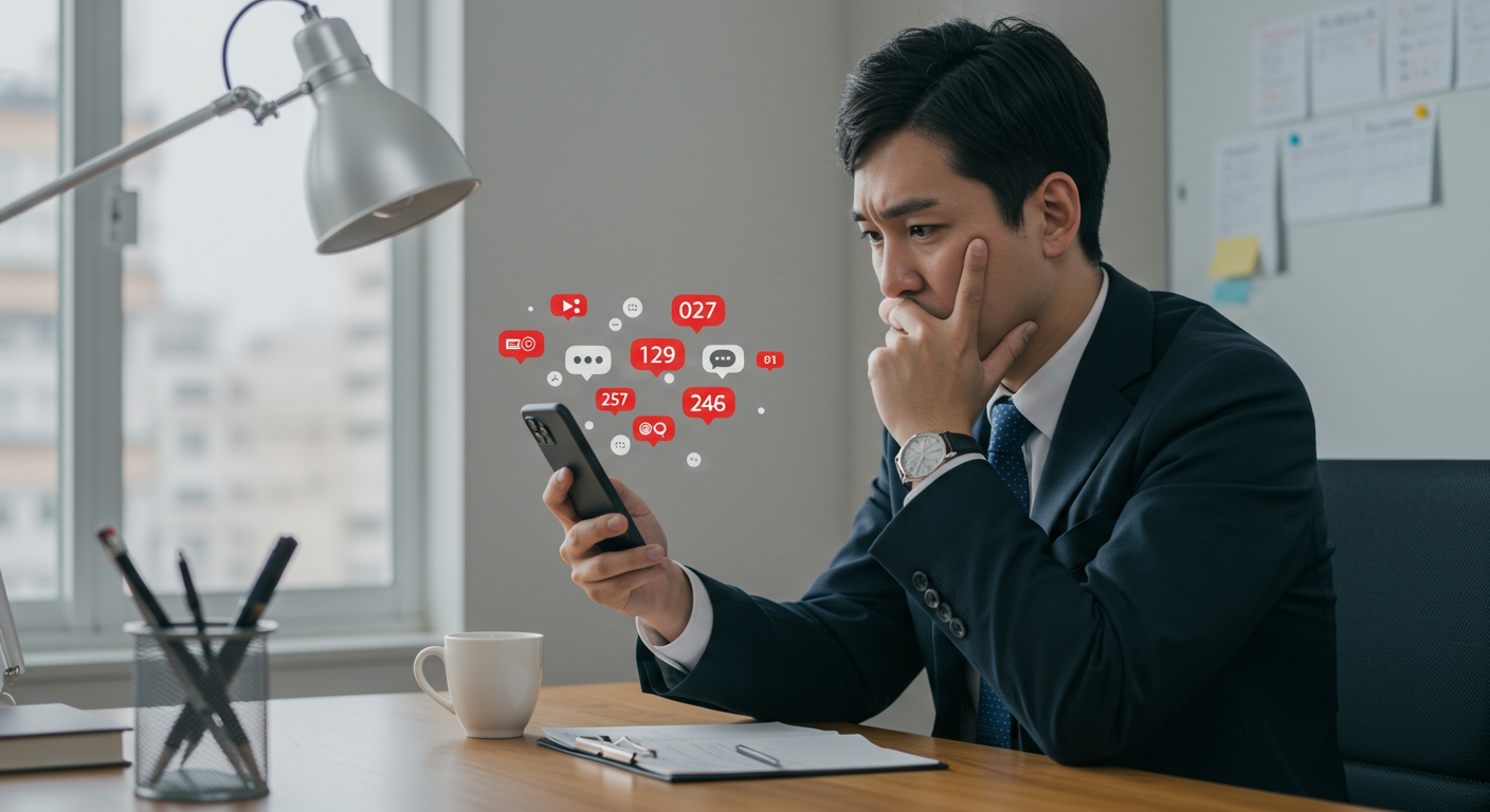 スマートフォンを見て焦る営業パーソンのイメージ