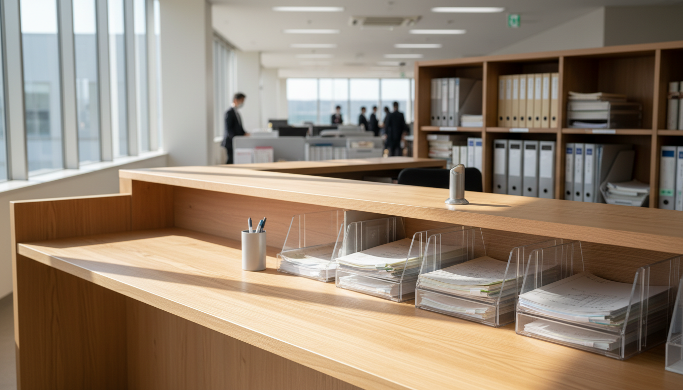 群馬県庁の道路管理課窓口で特殊車両通行許可申請書類を提出する様子