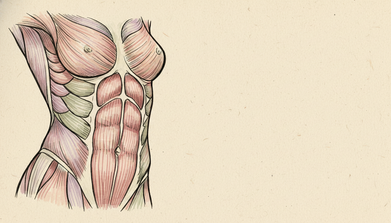 腹斜筋の位置を示す女性の体幹イメージ