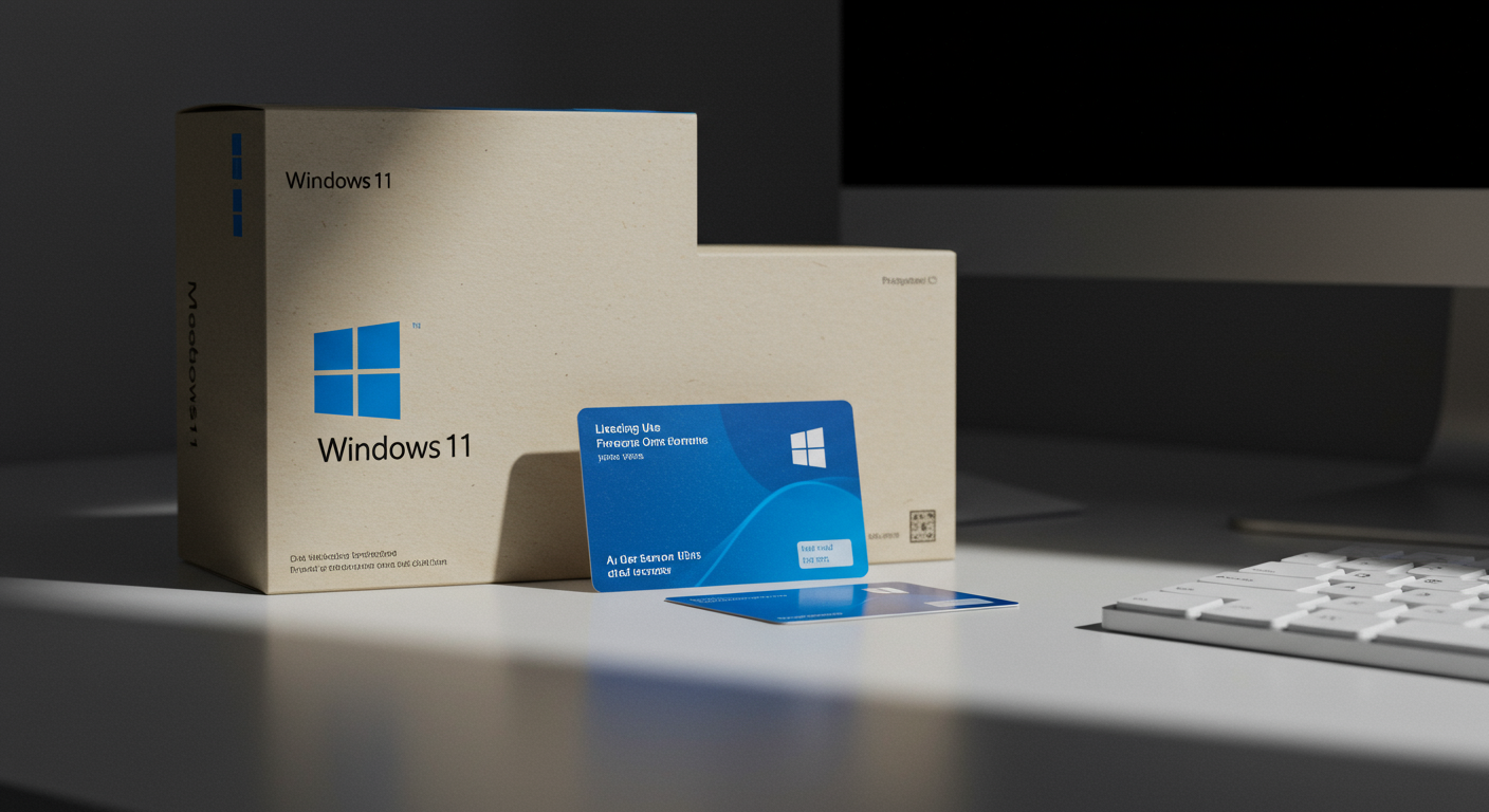 デスクに置かれたWindows 11のパッケージとライセンスカード