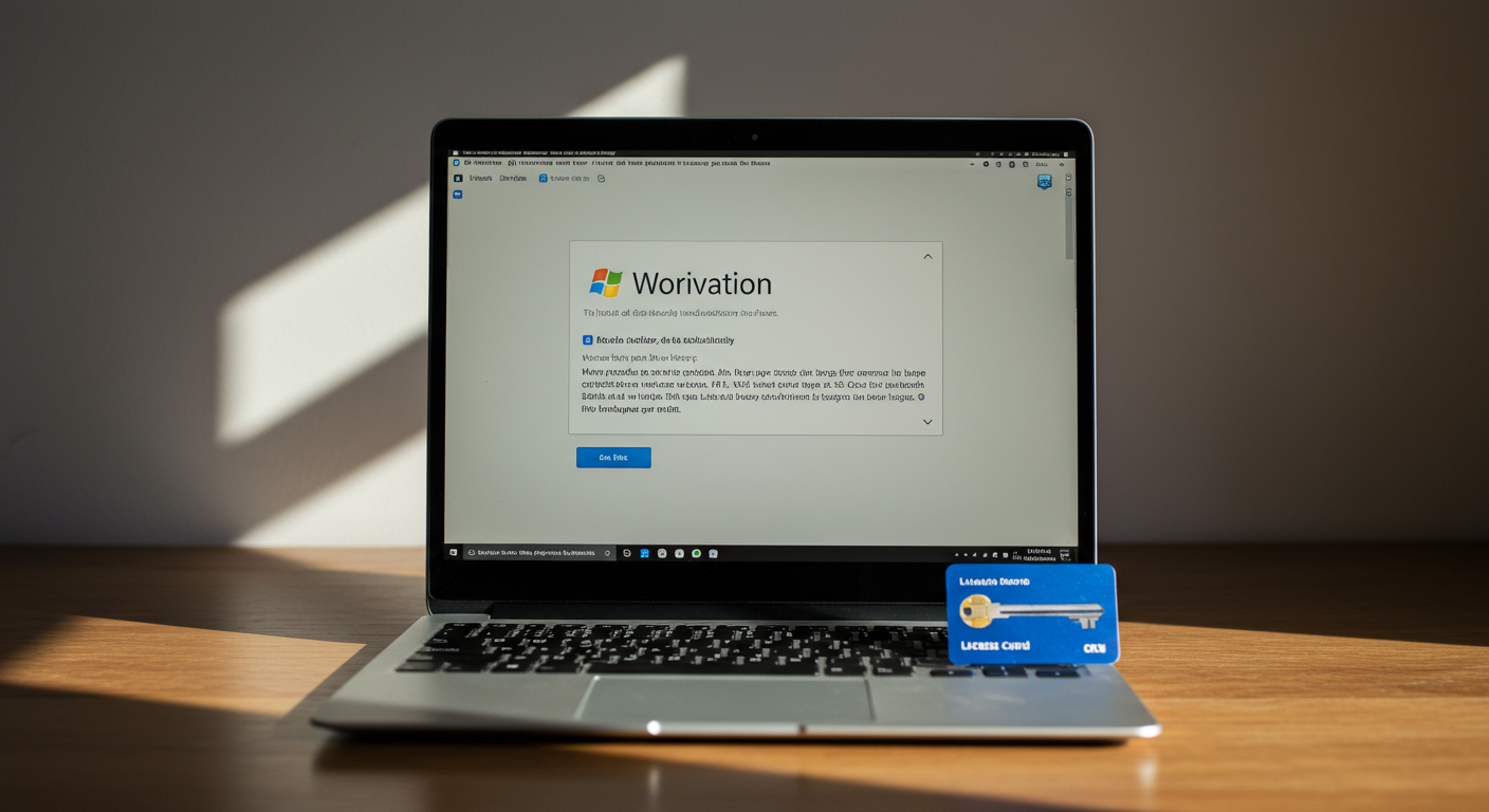 Windows認証画面が表示されたパソコンとライセンスキーカード