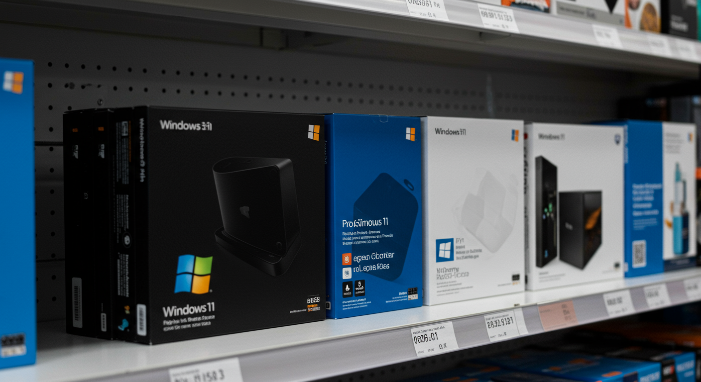 Windows 11 ProとHomeのパッケージ製品が並んだ商品陳列