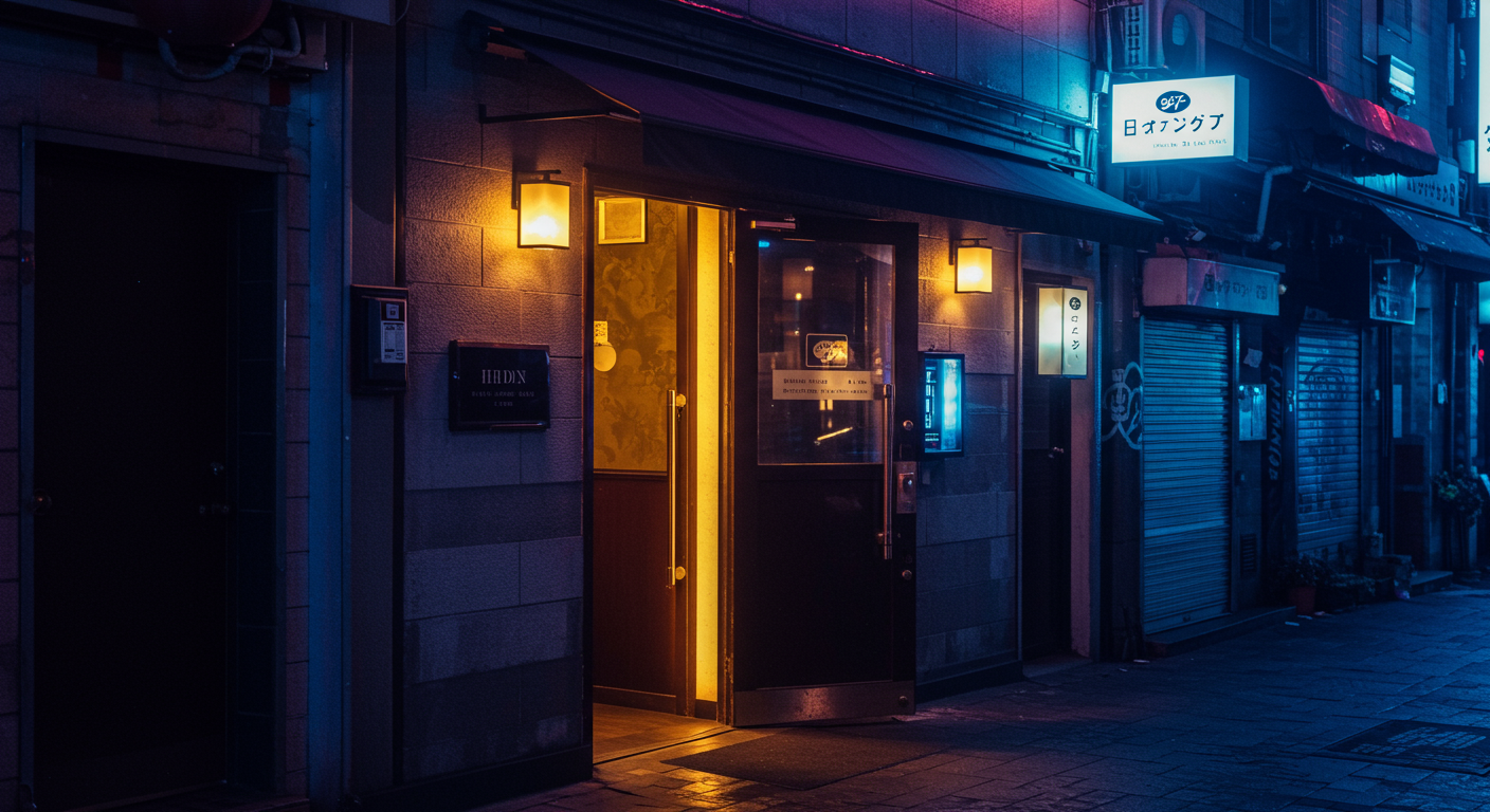 渋谷の夜景と隠れ家的な雰囲気のキャバクラ入口