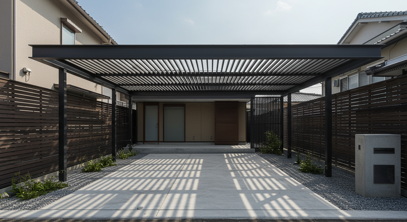 モダンなカーポートとスリットフェンスの組み合わせ例