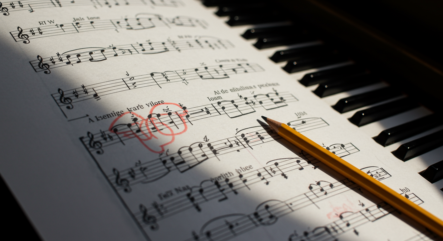 子どものピアノ練習用の楽譜と書き込み