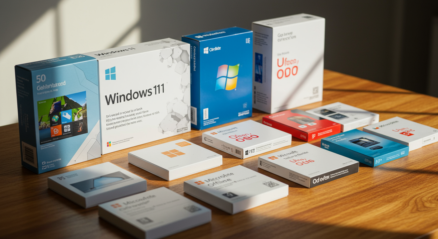 WindowsとOfficeの正規ライセンス製品パッケージが並んでいる様子