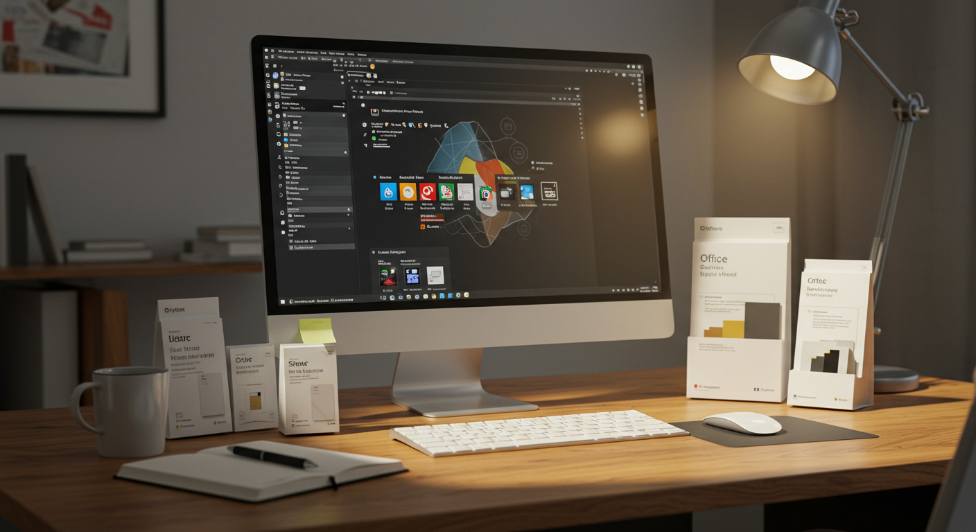 Office製品が並んだディスプレイと作業中のデスクトップ