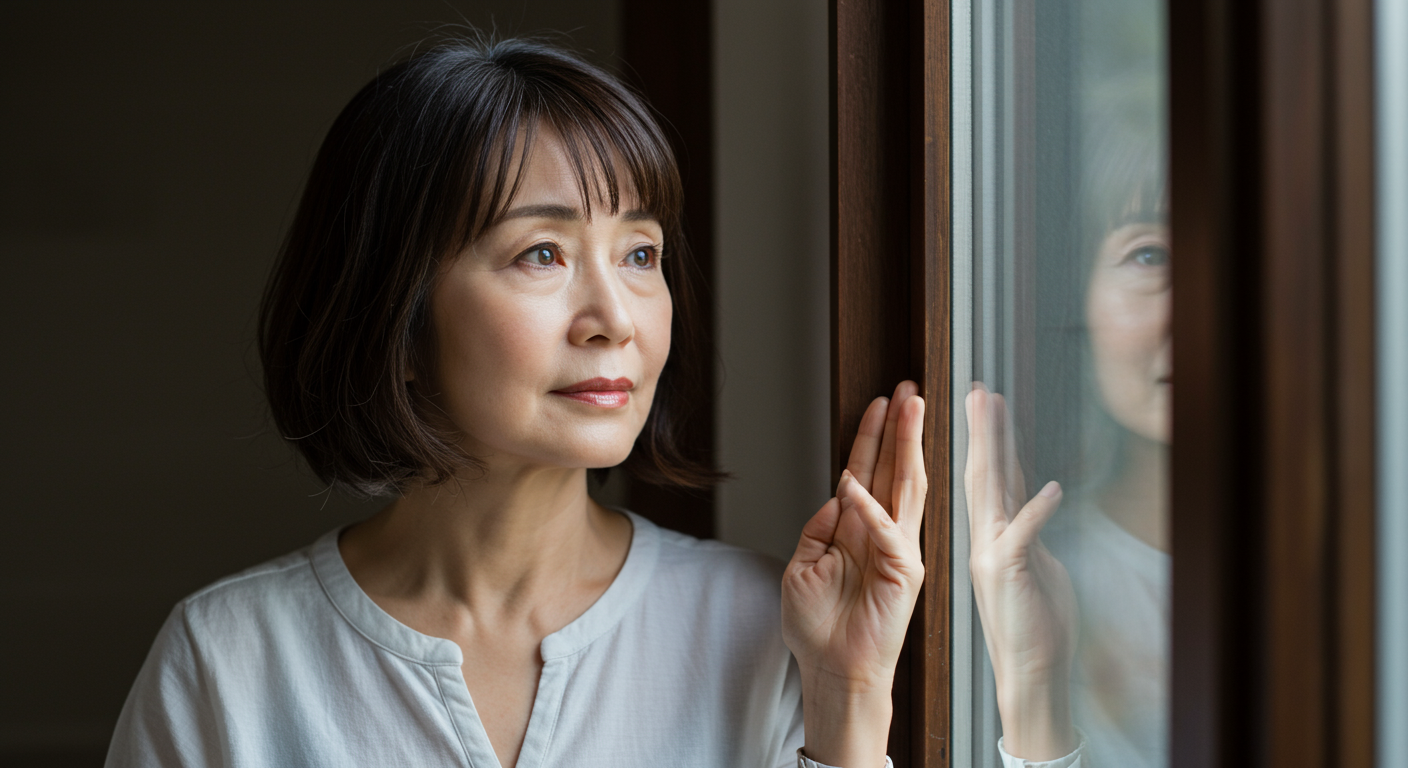 50代女性が窓辺で考え事をしている様子