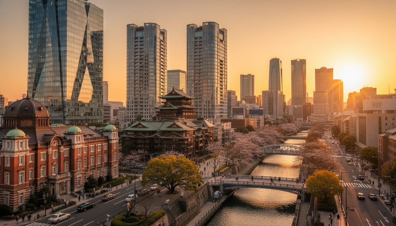 日本橋エリアの歴史的建造物と現代的なオフィスビル
