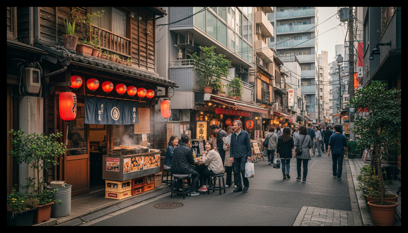 築地エリアの飲食店街と住宅マンション