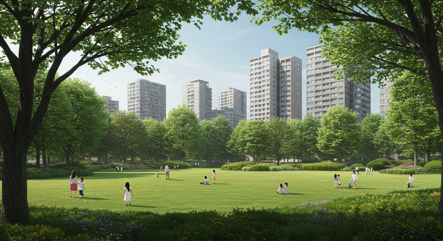 芝公園の緑豊かな景観と高層マンション