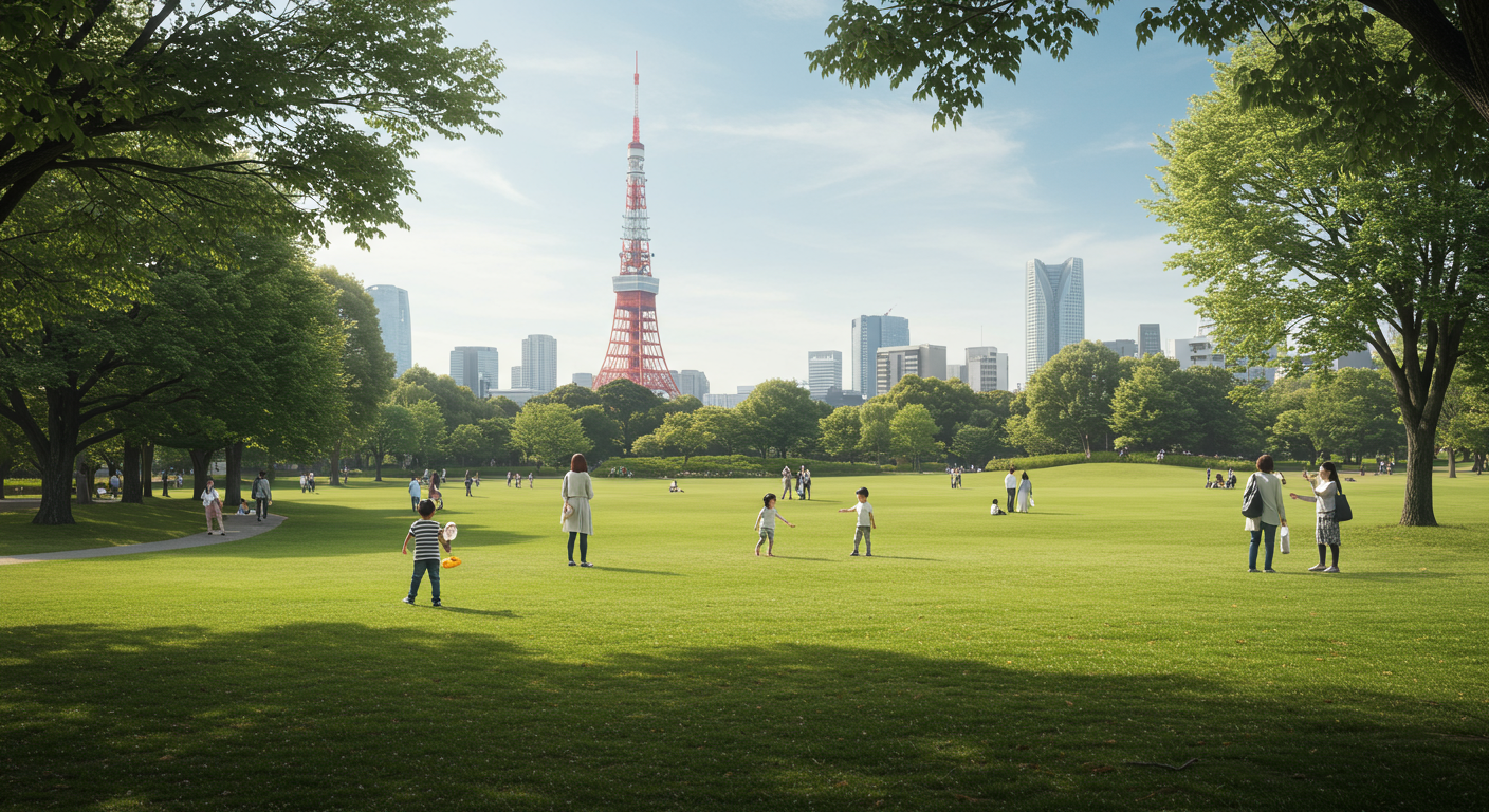 芝公園で遊ぶ子どもたちと家族