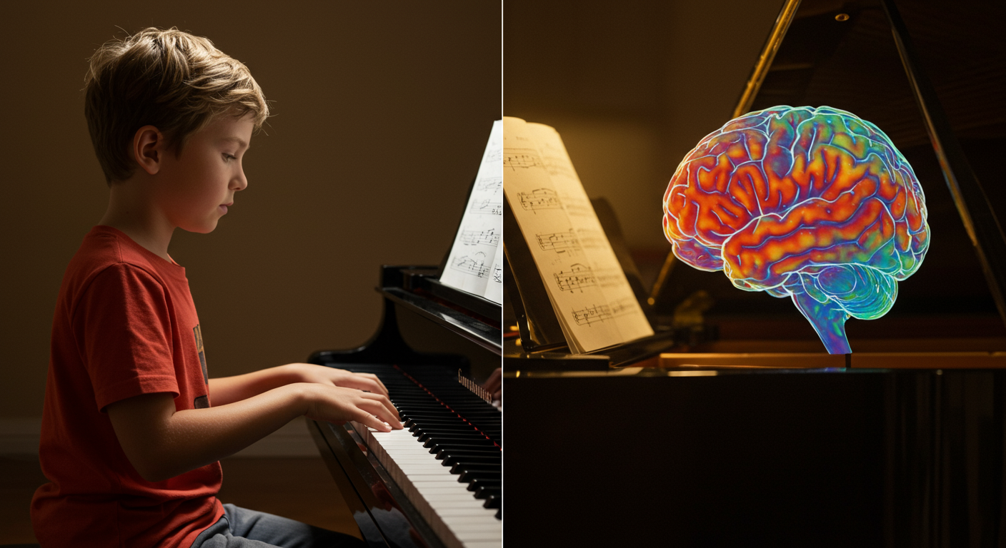 子どもがピアノを弾いている様子と脳の活性化イメージ