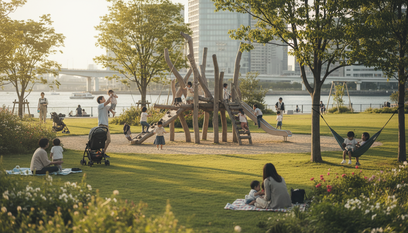 勝どきエリアの公園で遊ぶ子どもたちとファミリー
