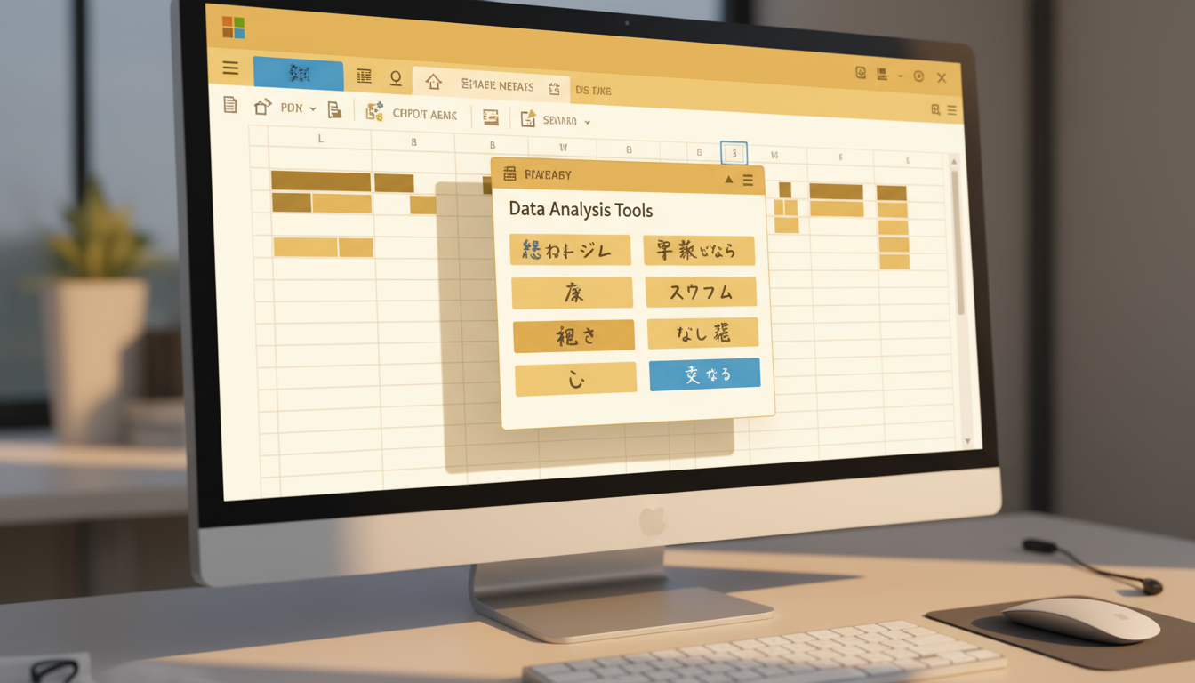 Excel分析ツールの設定画面とデータ分析メニュー
