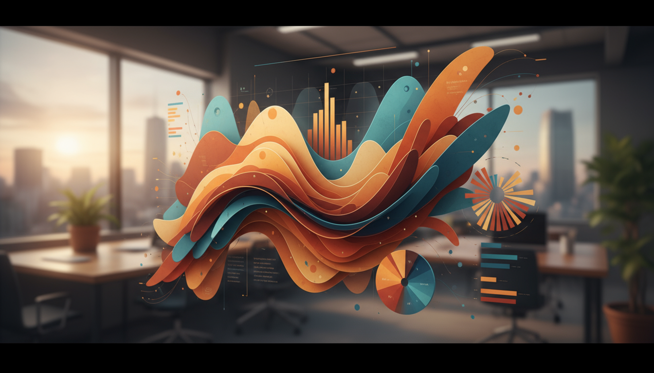 ビジネスデータ分析のイメージ、グラフと数値が表示されたレポート