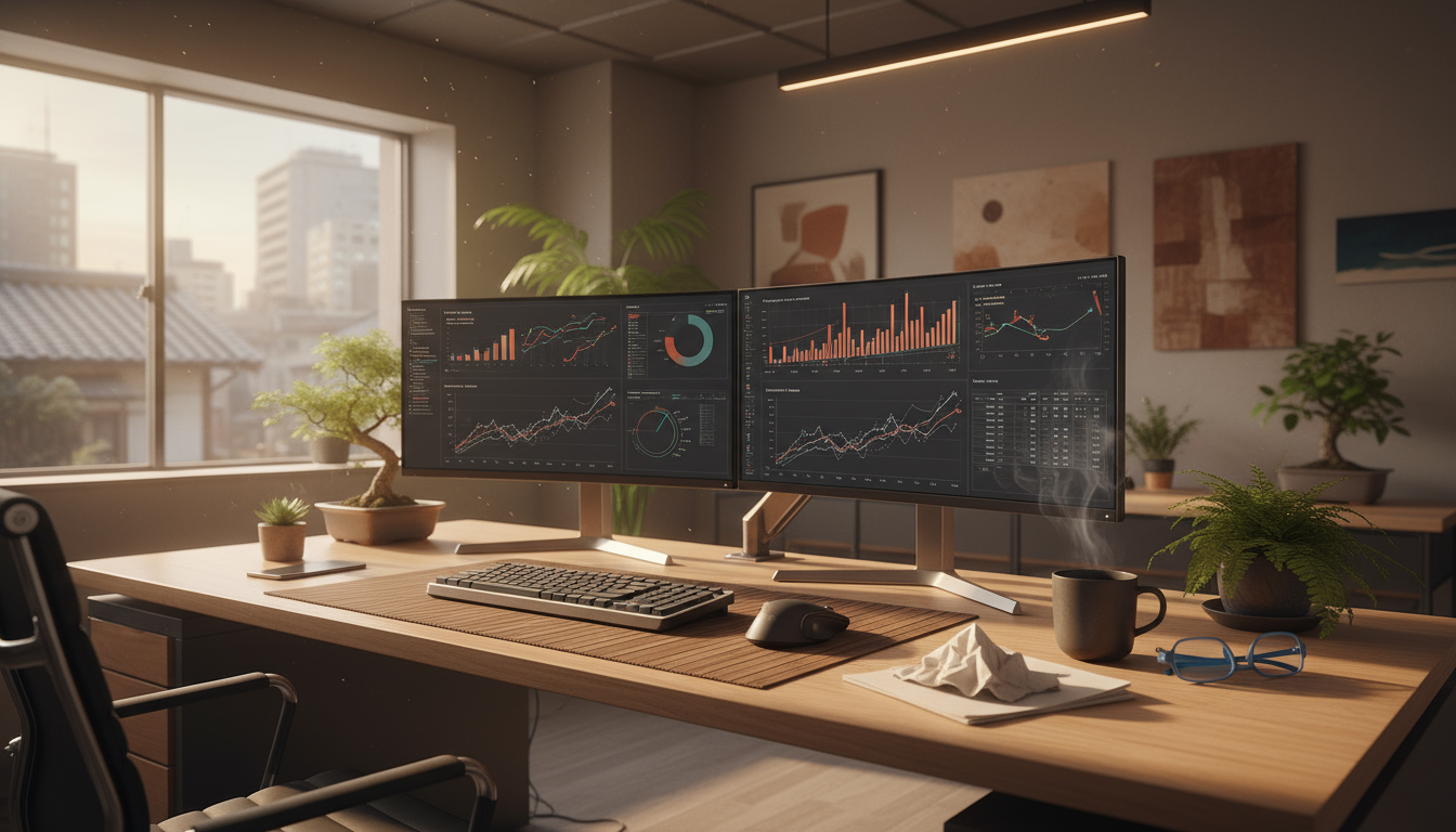 オフィスでデータ分析作業を行う様子、複数のモニターとキーボード