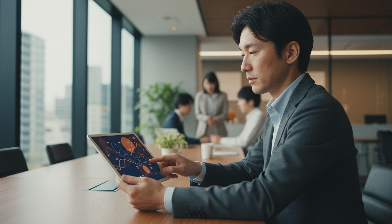 データ分析結果を確認するビジネスパーソン、グラフとチャート