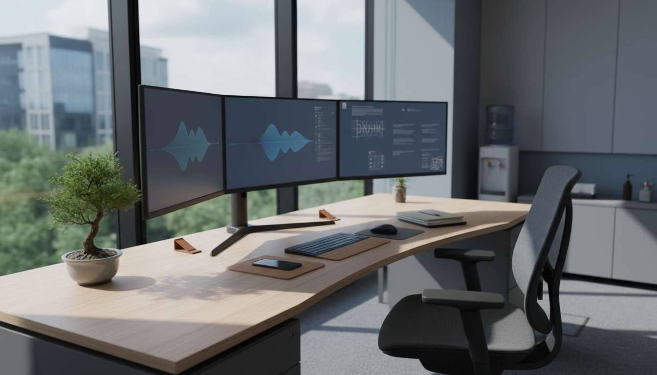 効率的なオフィス環境、整理されたデスクと複数のディスプレイ