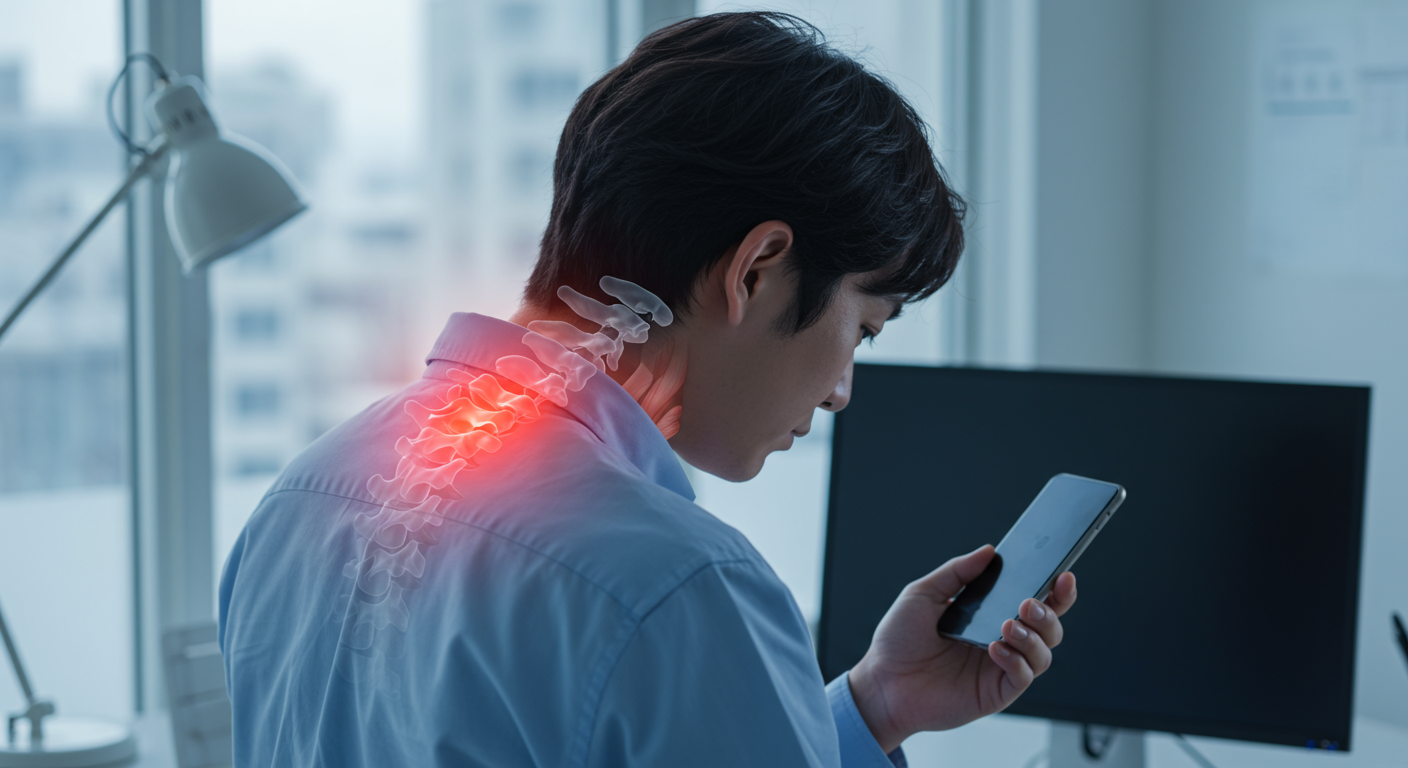 デスクワークやスマホ使用による首への負担を示すイラスト