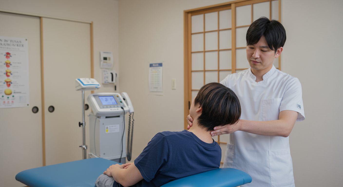 首の痛みに対する物理療法と運動療法の様子
