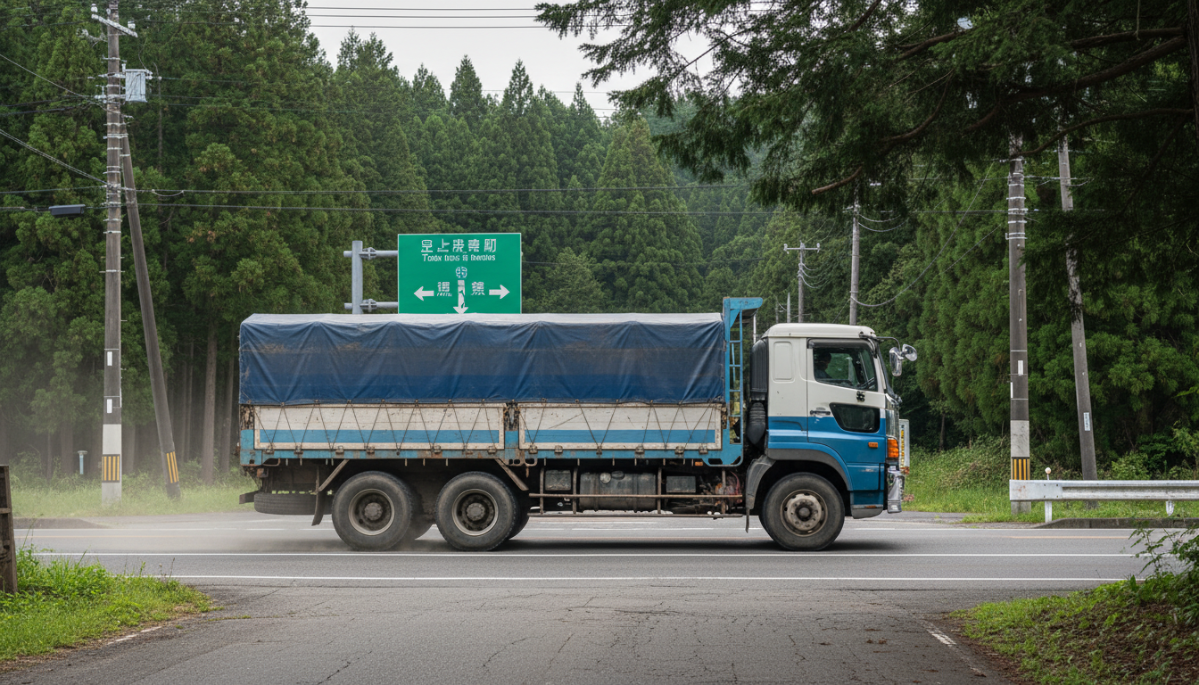 県道を走行する特殊車両と道路標識