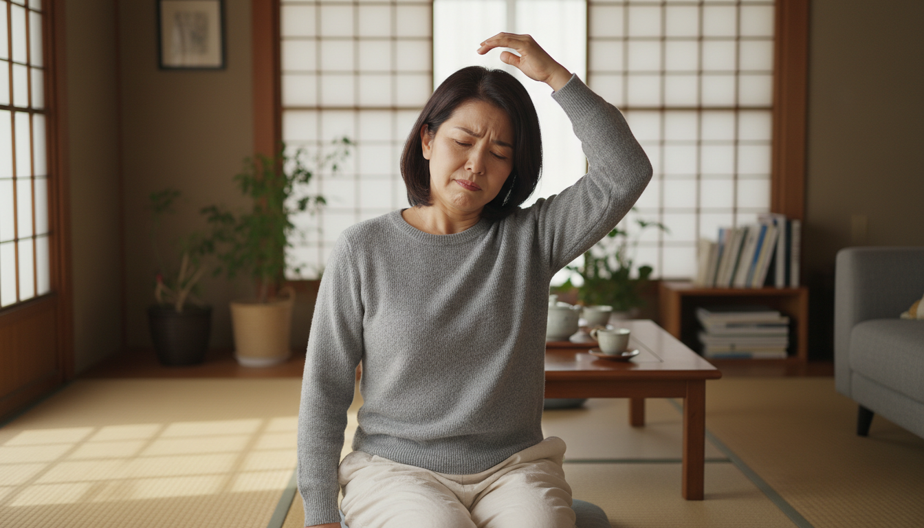 五十肩で肩が上がらない50代女性のイメージ
