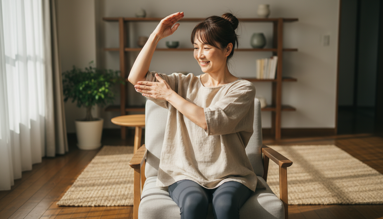 五十肩の運動療法を行う50代女性