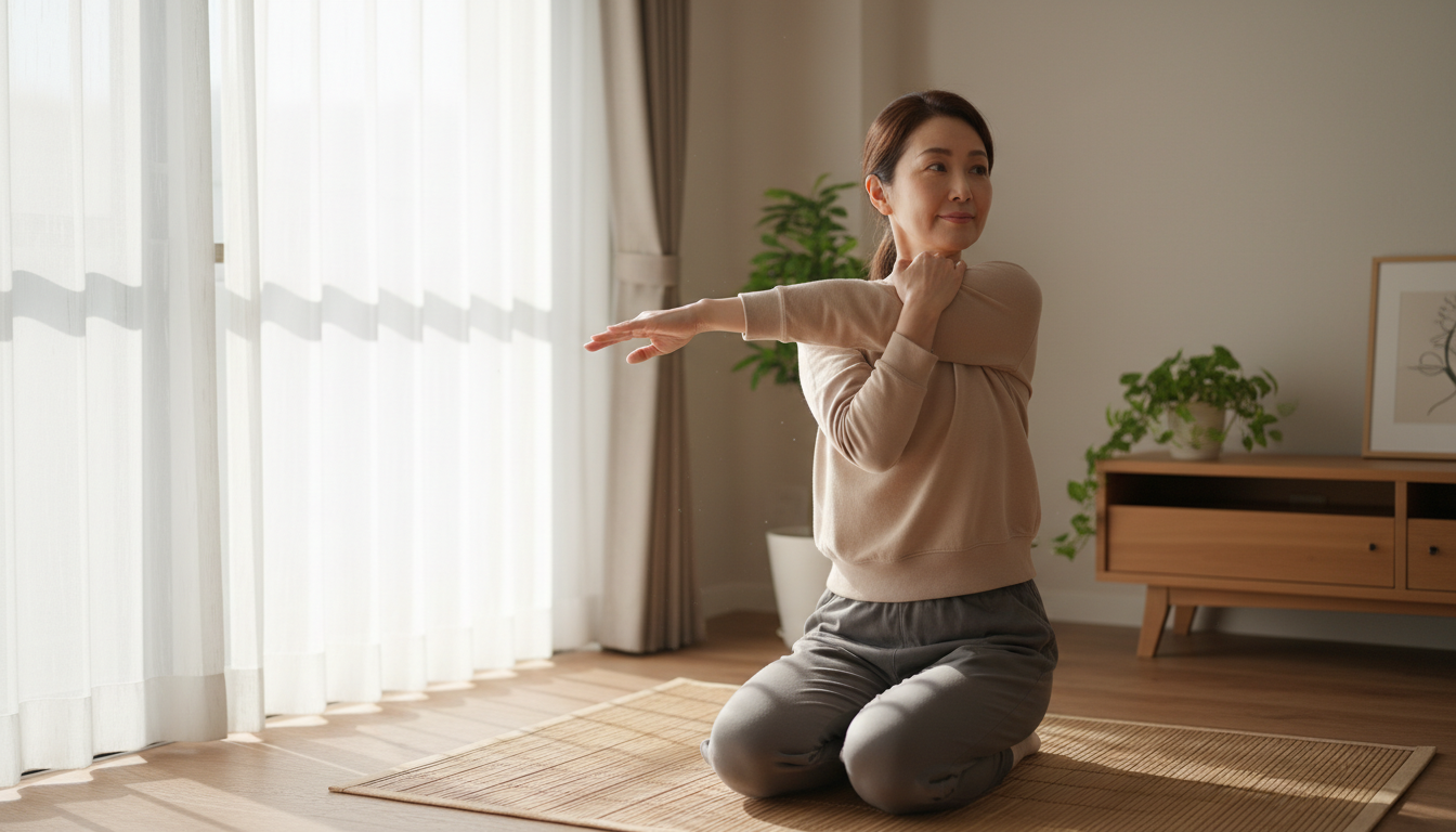 五十肩改善のストレッチをする女性