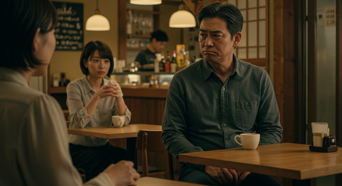 カフェで他の人と話す女性を遠くから見つめる男性