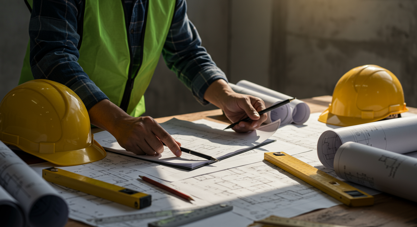 建設業の専任技術者が図面を確認している様子