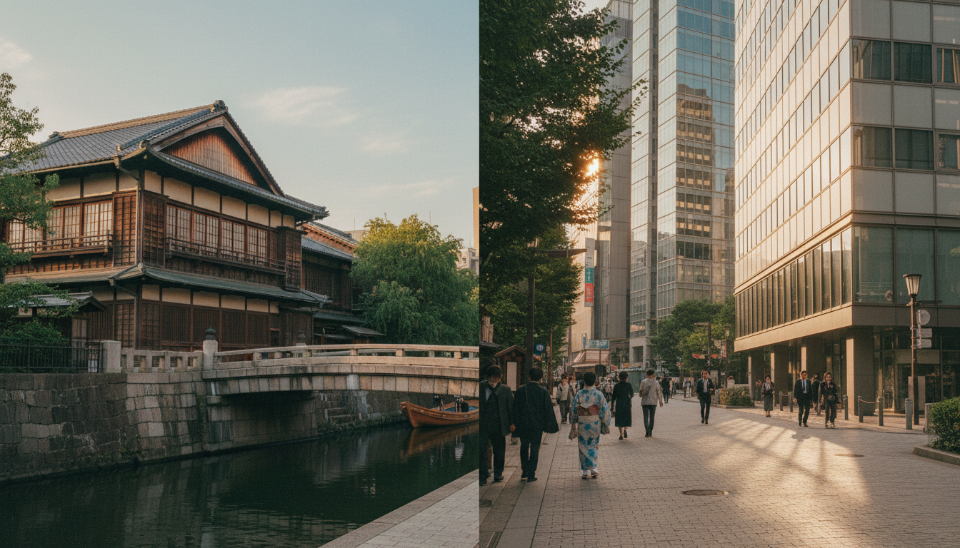 日本橋の歴史的建造物と現代建築の融合風景