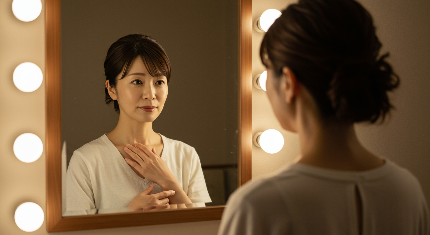 鏡を見つめる40代女性の後ろ姿