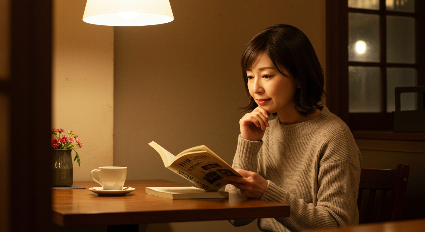 カフェで本を読む40代女性
