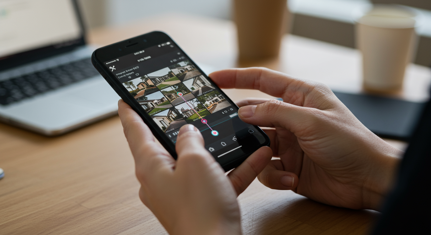 スマートフォンでTikTok動画編集をする不動産営業マン