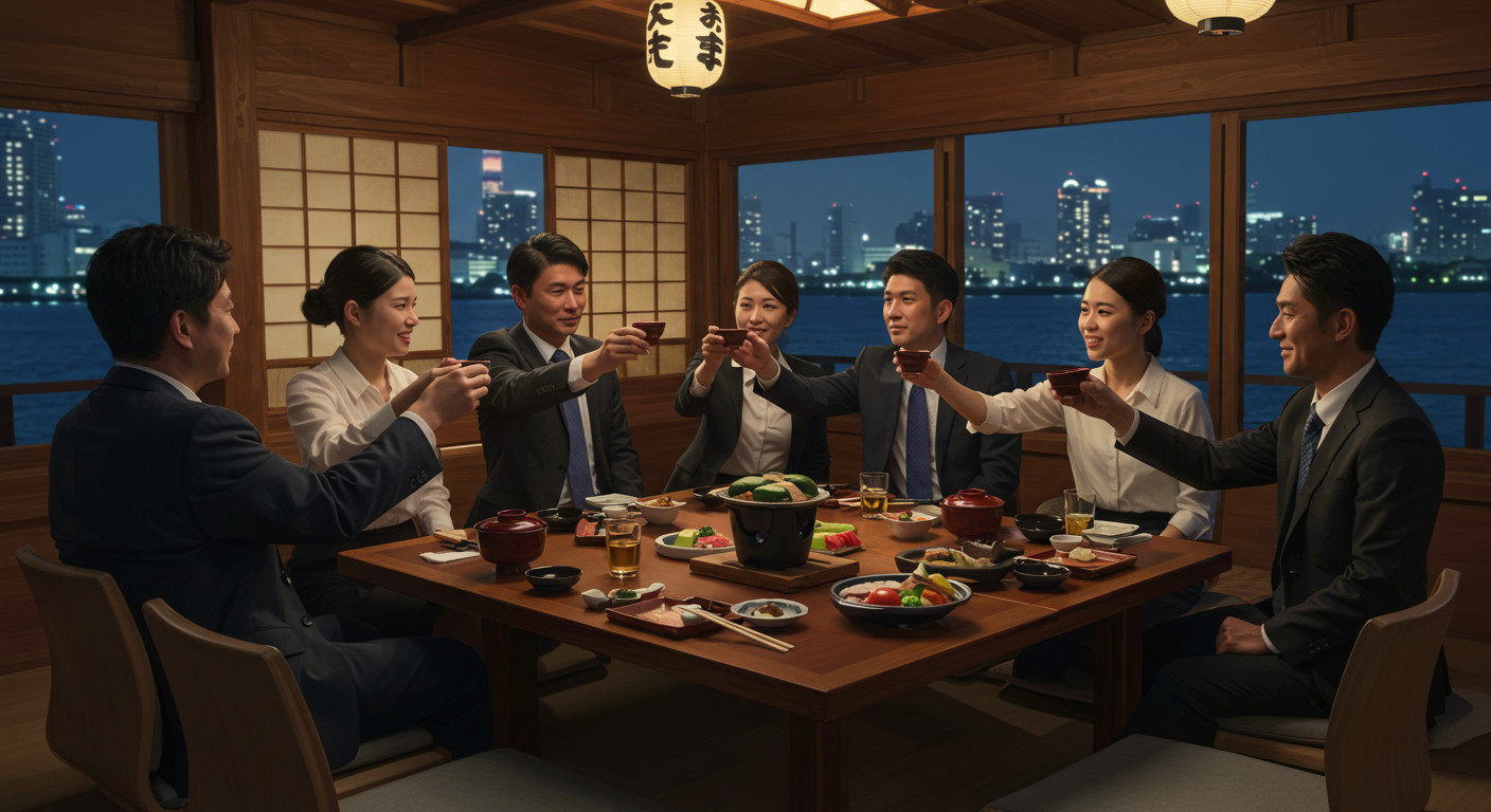 ビジネスマンが屋形船で乾杯している様子