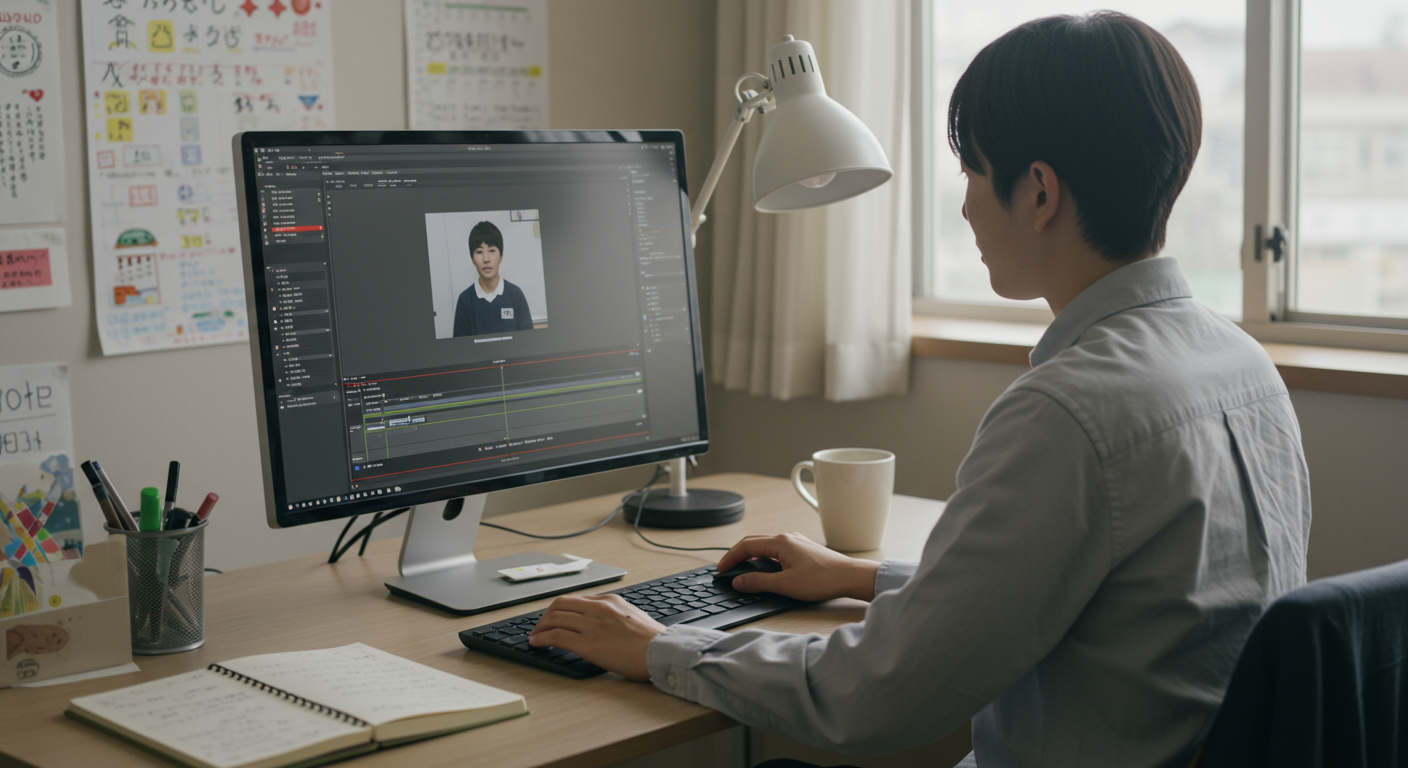 YouTubeの動画編集作業をする塾講師