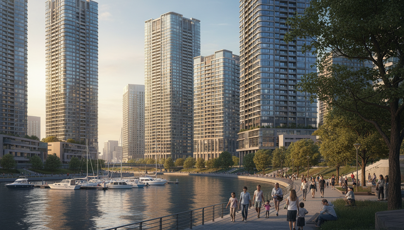 中央区佃の高層マンション街と水辺の風景