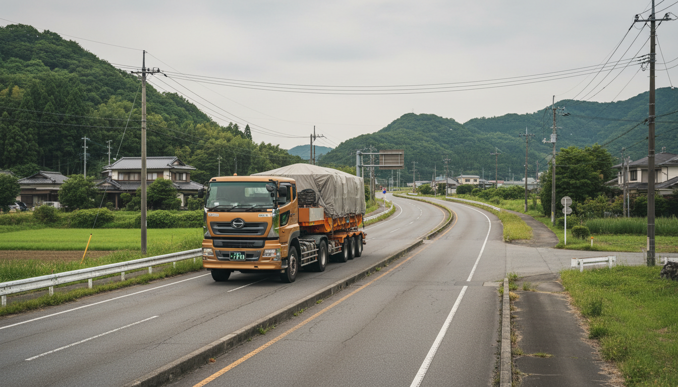 特殊車両通行許可制度の概要を示す道路と大型トラックのイメージ