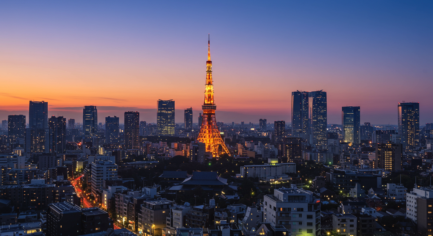 夕暮れ時の愛宕エリアの街並みと東京タワー