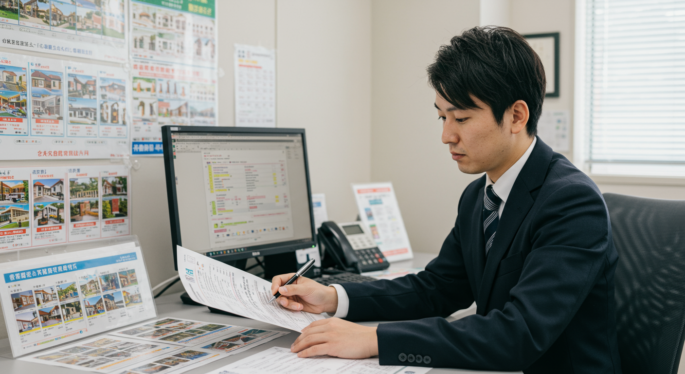 不動産賃貸仲介営業マンが物件情報を確認している様子