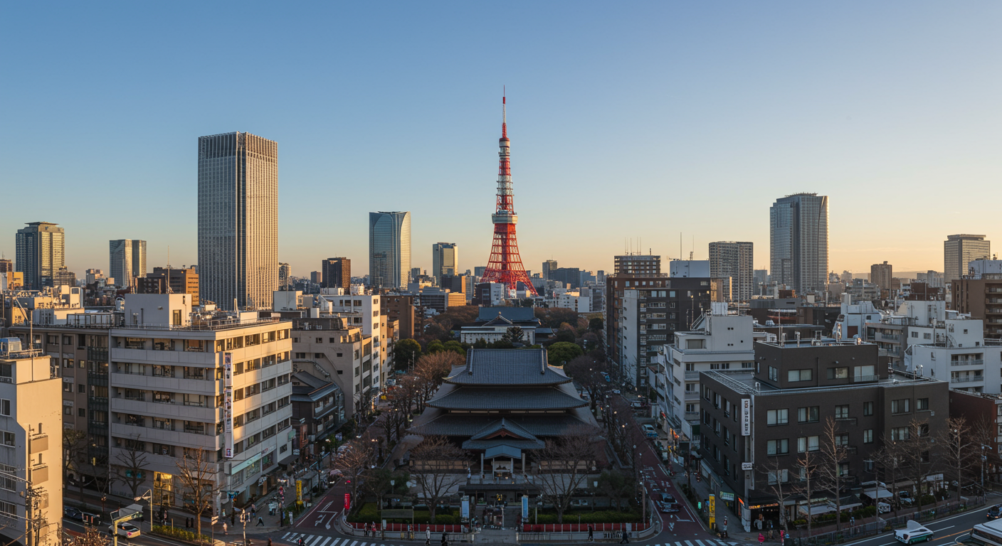 芝大門エリアの街並みと東京タワーの景観