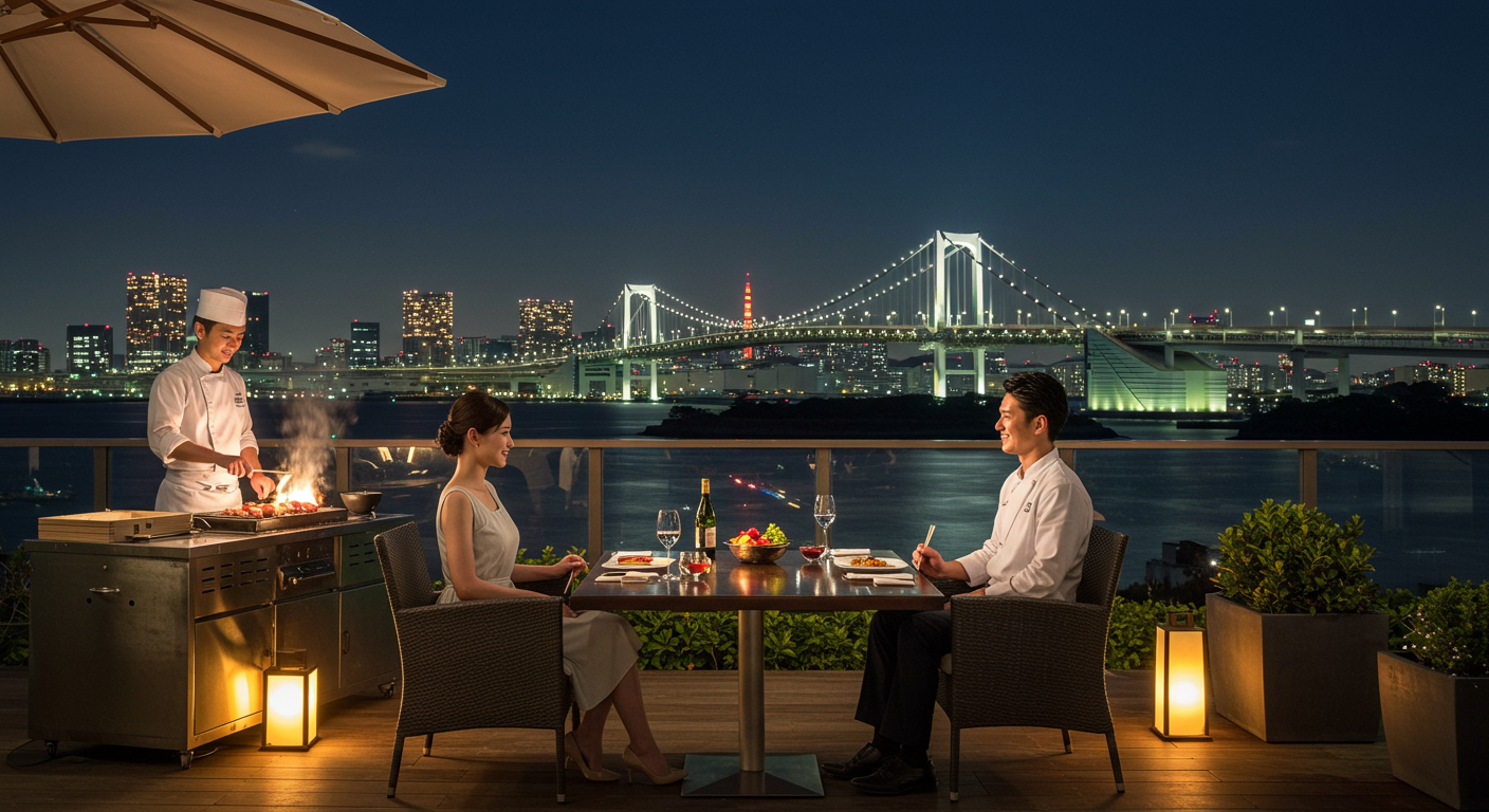 お台場の夜景とBBQを楽しむカップル