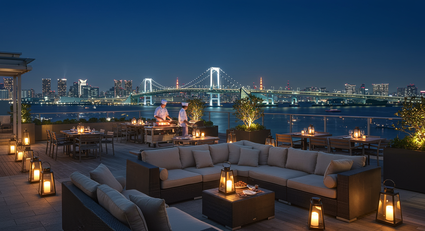 アクアシティお台場のTHE BBQ BEACHの夜景とソファー席