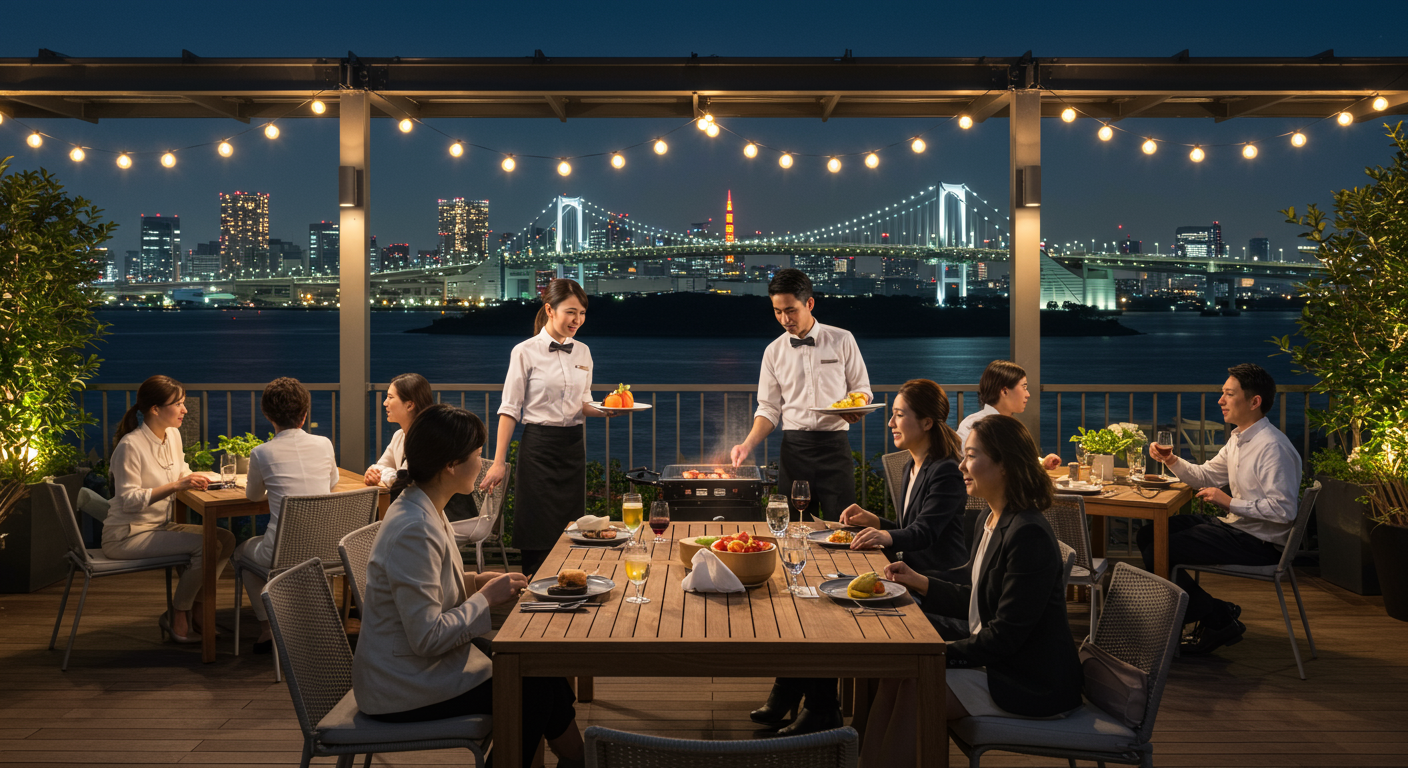 お台場の夜景BBQを楽しむグループとコンパニオン