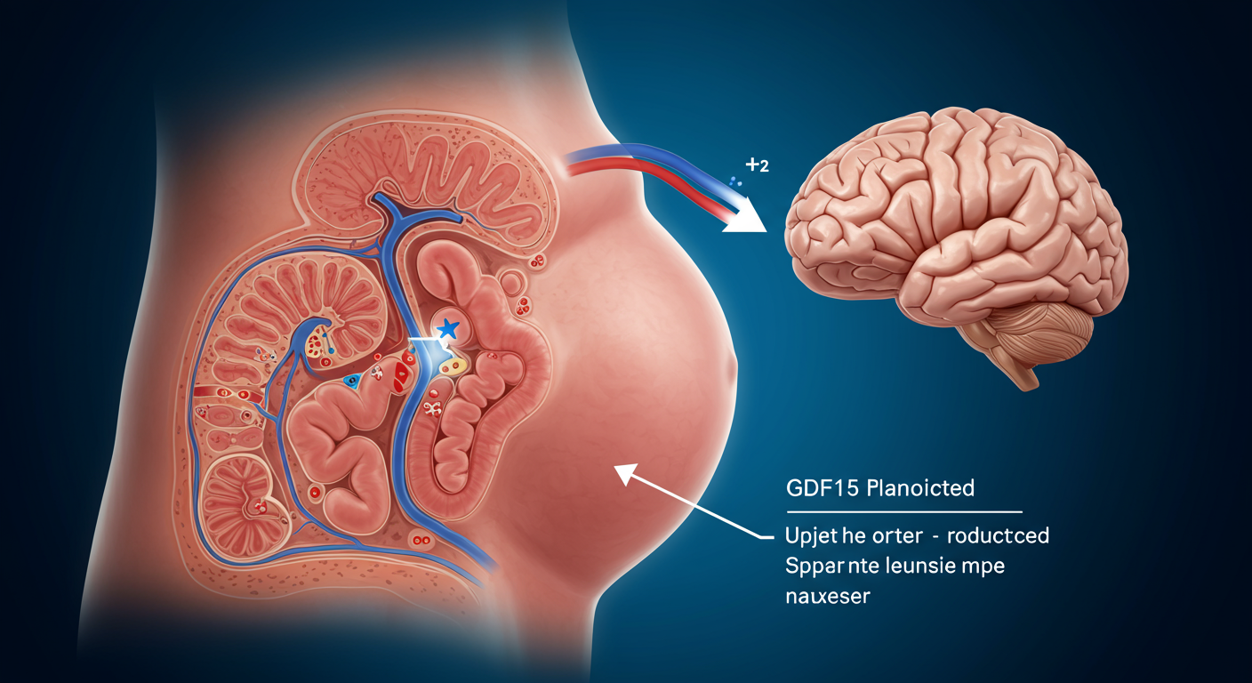 GDF15ホルモンと妊娠つわりの関係を示す科学的イラスト