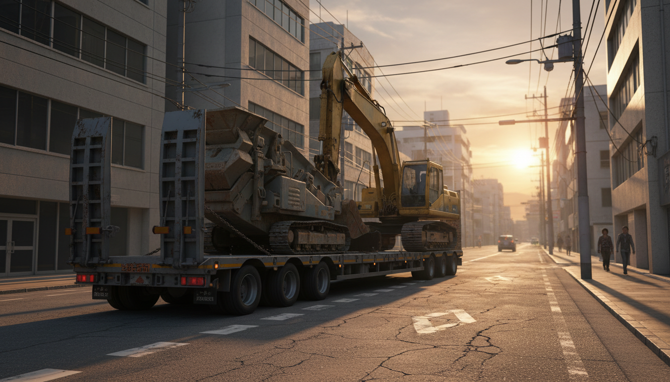 解体工事現場で重機を積んだ低床トレーラーが走行するシーン